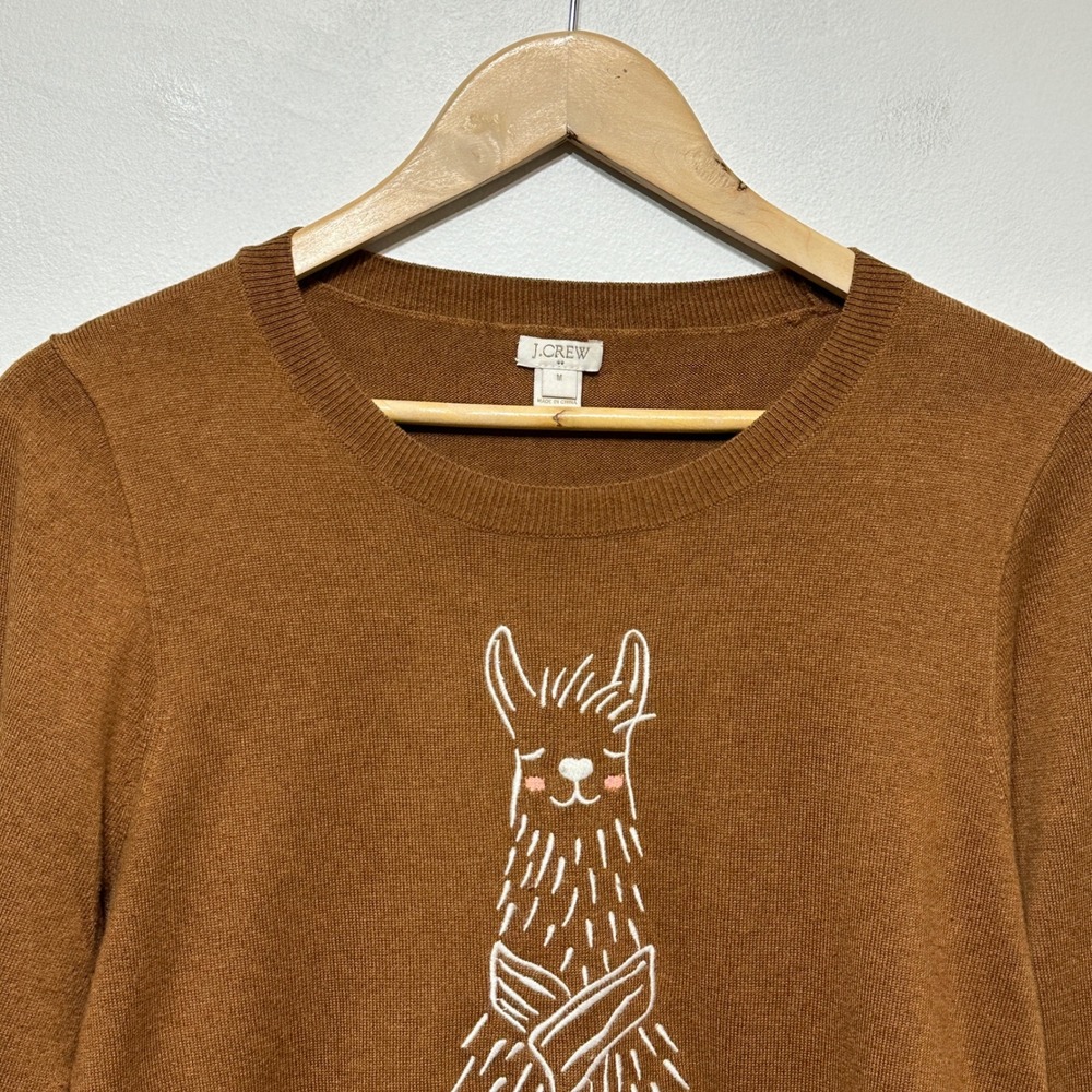J.Crew Llama Sweater Women Medium Brown Embroidered Animal Cotton Wool Whimsical - Picture 2 of 7